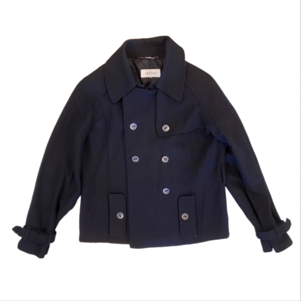 Calvin Klein Women's Black Double Breasted Wool Blend Peacoat Jacket Medium